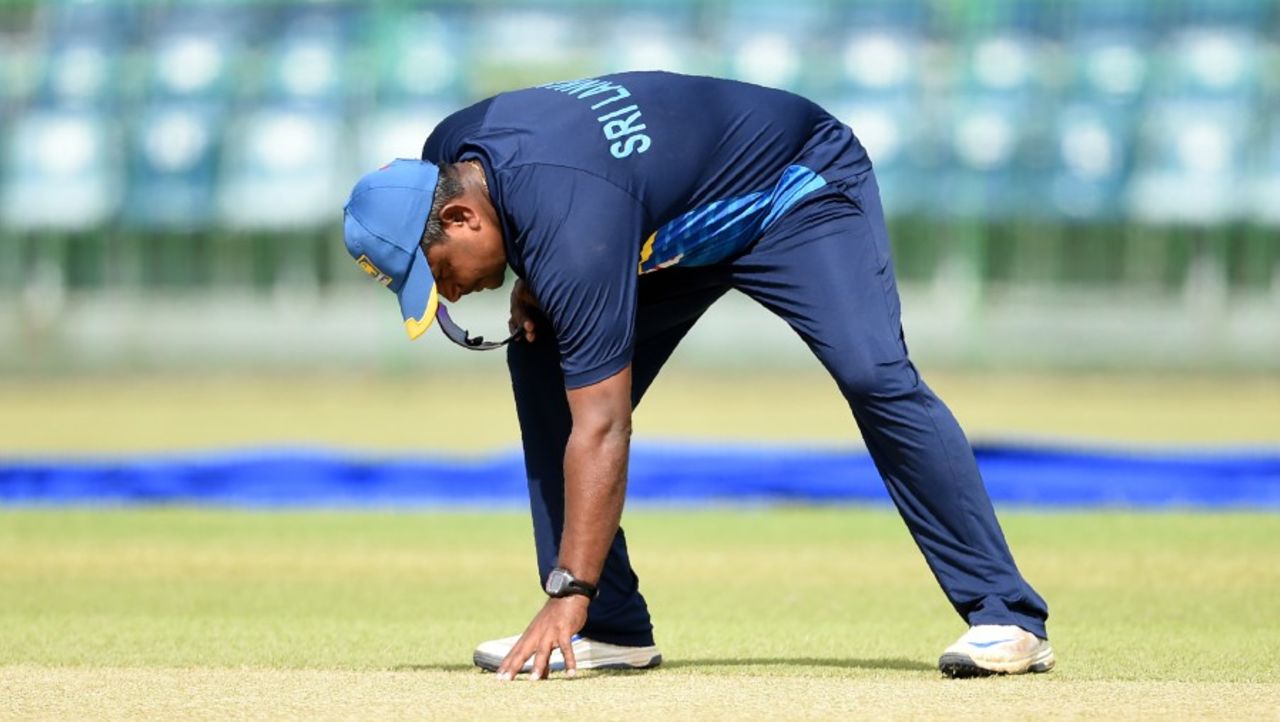 Rangana Herath conducts his pitch inspection, Colombo, July 13, 2017