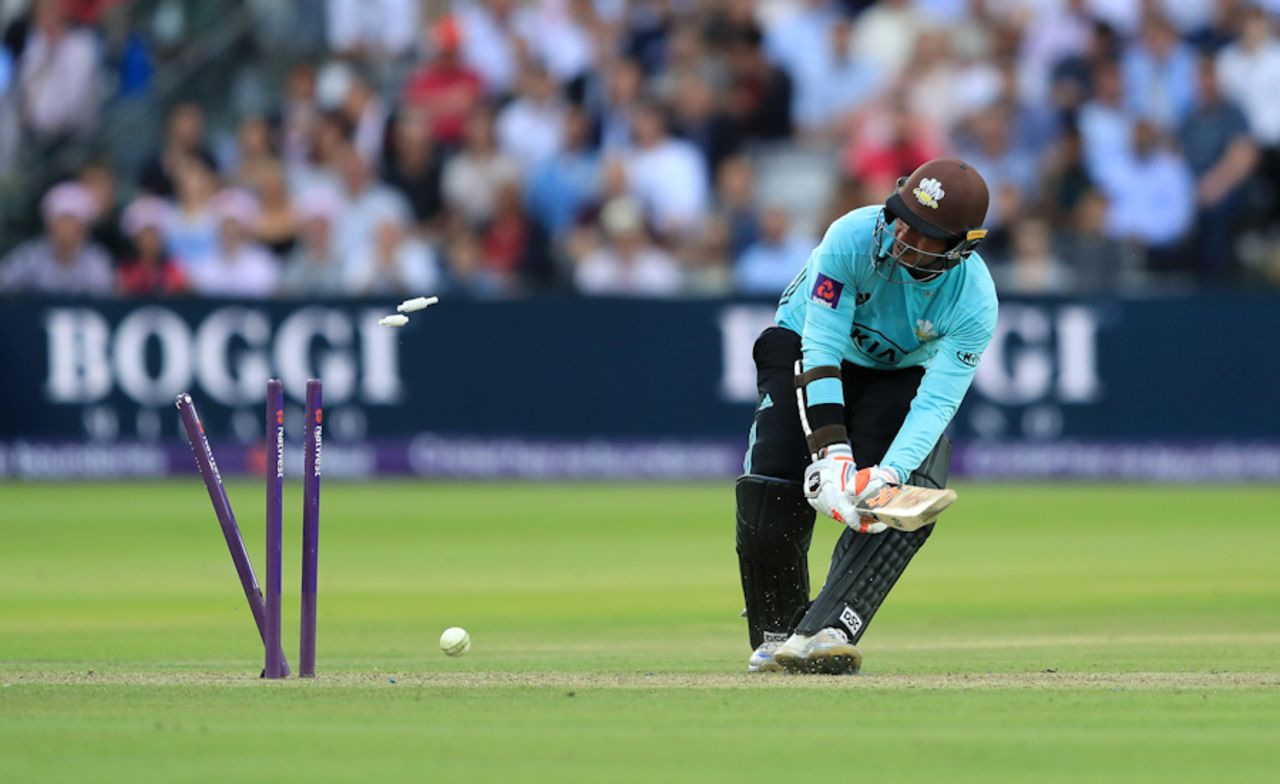 Kumar Sangakkara comes to grief attempting to ramp Steven Finn, Middlesex v Surrey, NatWest Blast, South Group, Lord's, July 13, 2017