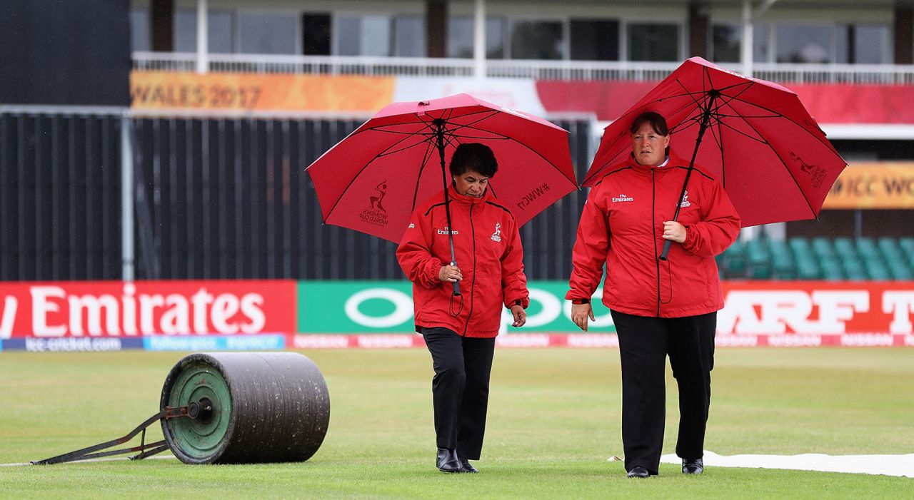 Umpires Kathy Cross and Sue Redfern inspect the outfield, as rain delays start of play, Pakistan v Sri Lanka, Women's World Cup, Leicester, July 15, 2017