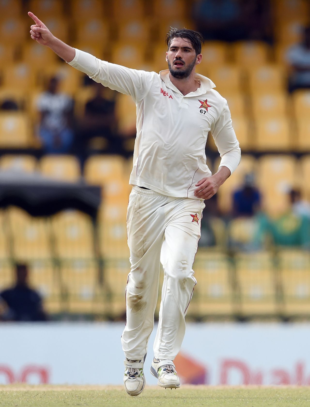 Graeme Cremer celebrates, Sri Lanka v Zimbabwe, only Test, 2nd day, Colombo, July 15, 2017