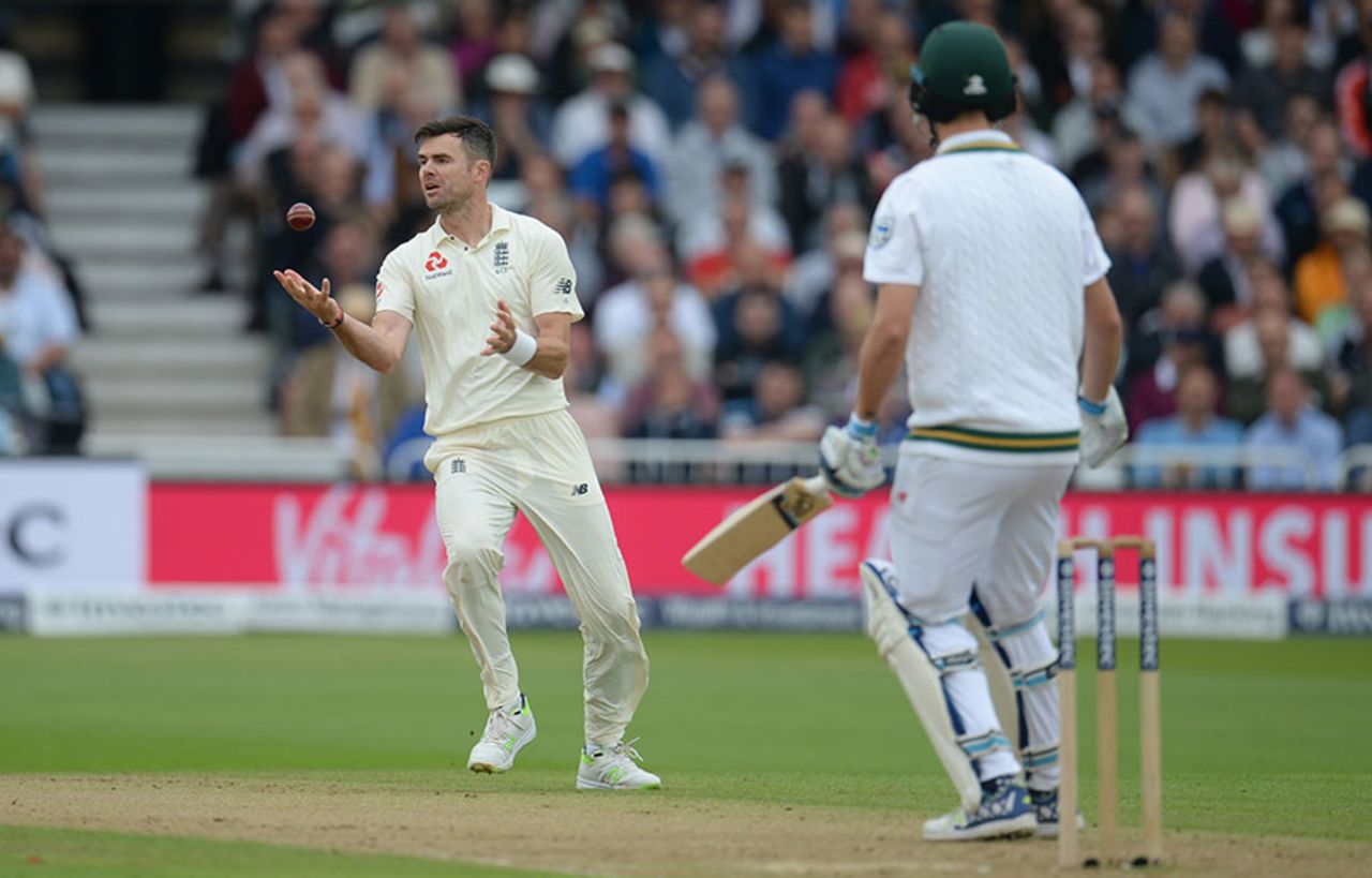 James Anderson held on to a juggled return catch to dismiss Chris Morris, England v South Africa, 2nd Investec Test, Trent Bridge, 2nd day, July 15, 2017