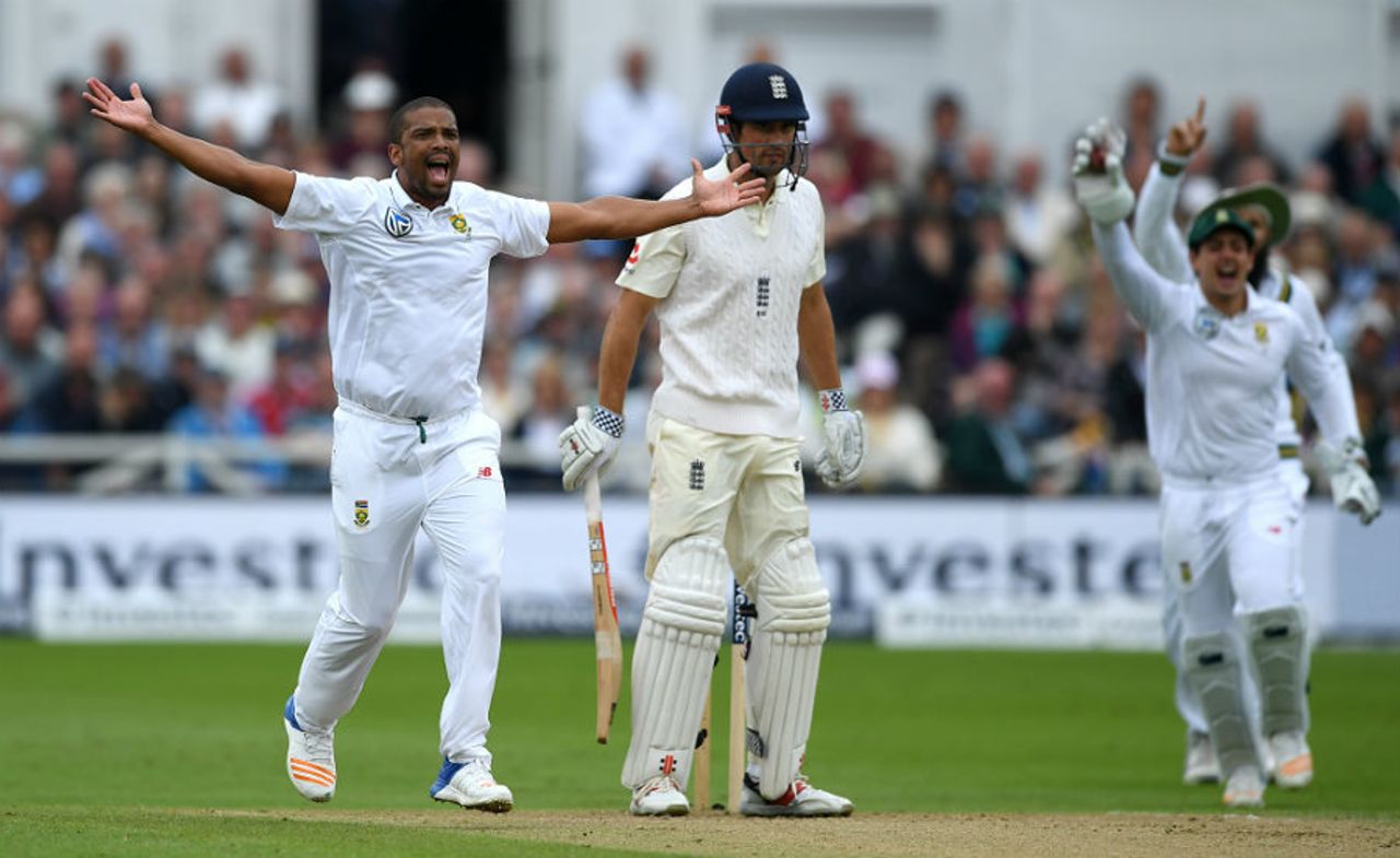 Vernon Philander appeals for the wicket of Alastair Cook, England v South Africa, 2nd Investec Test, Trent Bridge, 2nd day, July 15, 2017