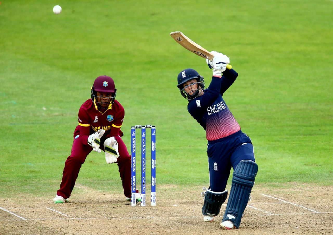 Tammy Beaumont launches one over the off side, England v West Indies, Women's World Cup, Bristol, July 15, 2017