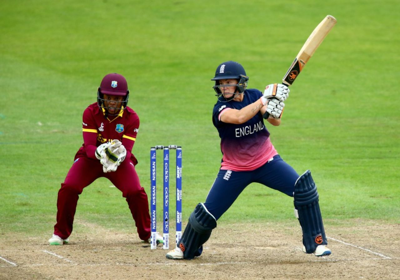 Katherine Brunt laces a cut during her 14, England v West Indies, Women's World Cup, Bristol, July 15, 2017