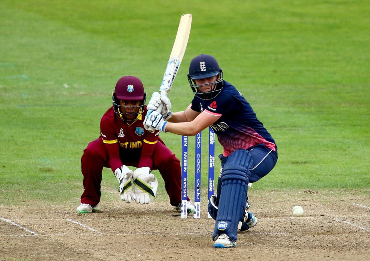 Heather Knight gets down for a sweep, England v West Indies, Women's World Cup, Bristol, July 15, 2017