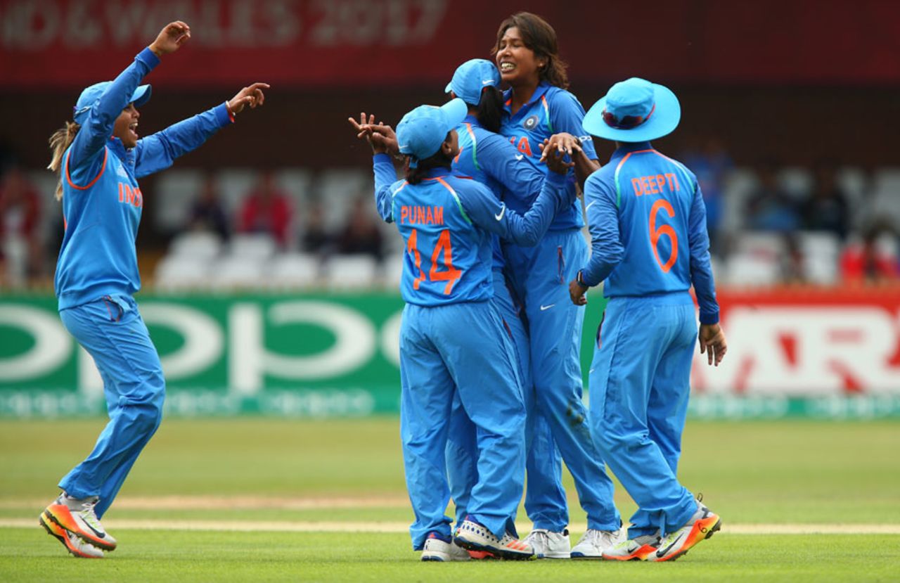 Jhulan Goswami celebrates with her team-mates after dismissing Rachel Priest, India v New Zealand, Women's World Cup, Derby, July 15, 2017
