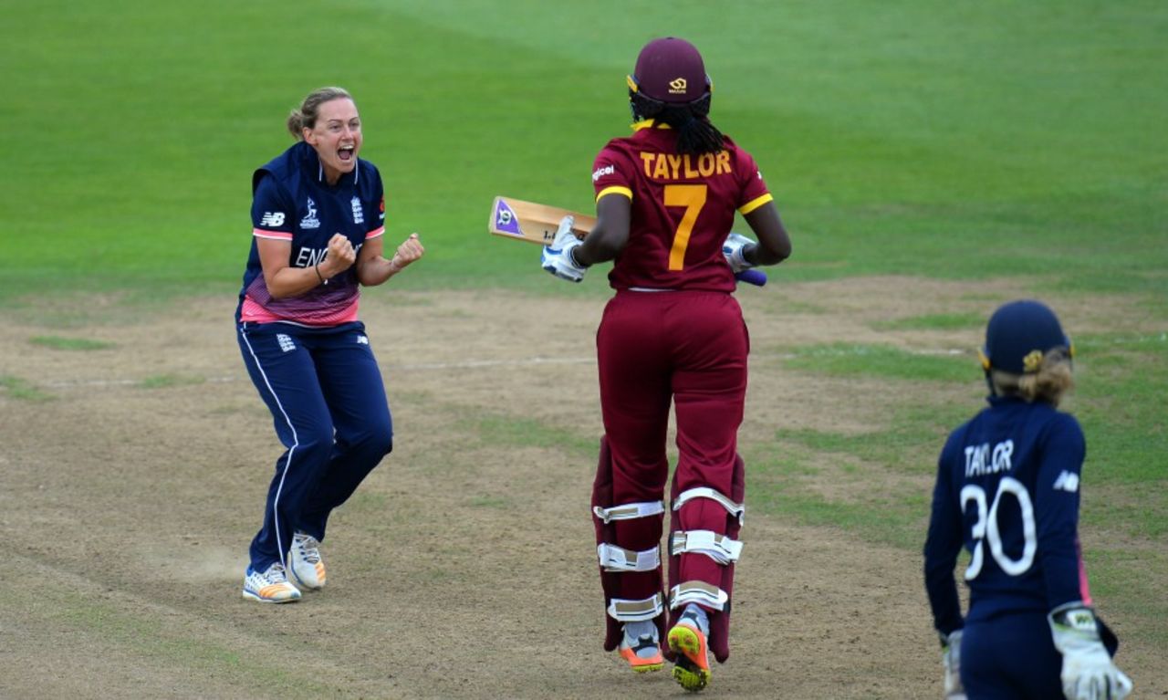 Laura Marsh celebrates the wicket of Stafanie Taylor, England v West Indies, Women's World Cup, Bristol, July 15, 2017