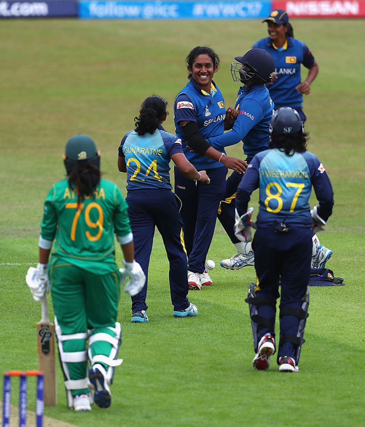 Chandima Gunaratne celebrates with her team-mates after dismissing Ayesha Zafar, Pakistan v Sri Lanka, Women's World Cup, Leicester, July 15, 2017
