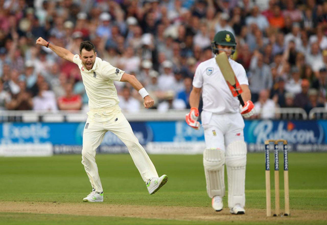 James Anderson removed Heino Kuhn early in South Africa's second innings, England v South Africa, 2nd Investec Test, Trent Bridge, 2nd day, July 15, 2017