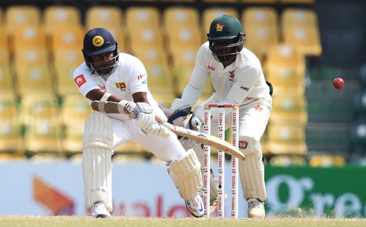 Rangana Herath pokes the ball into the off side, Sri Lanka v Zimbabwe, only Test, 3rd day, Colombo, July 16, 2017