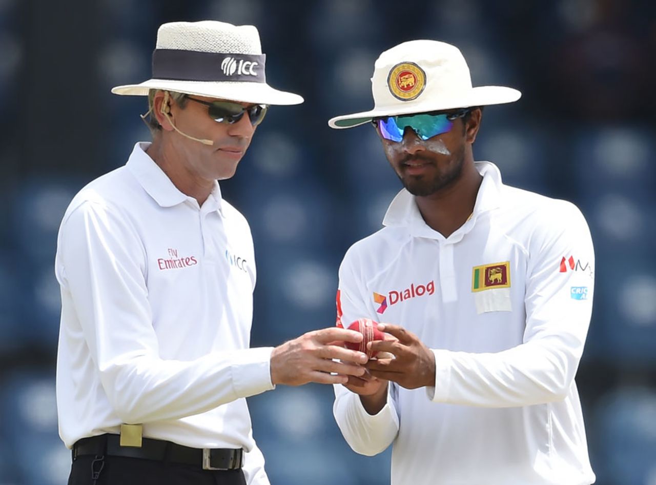 Dinesh Chandimal asks Nigel Llong to inspect the ball, Sri Lanka v Zimbabwe, only Test, 4th day, Colombo, July 17, 2017