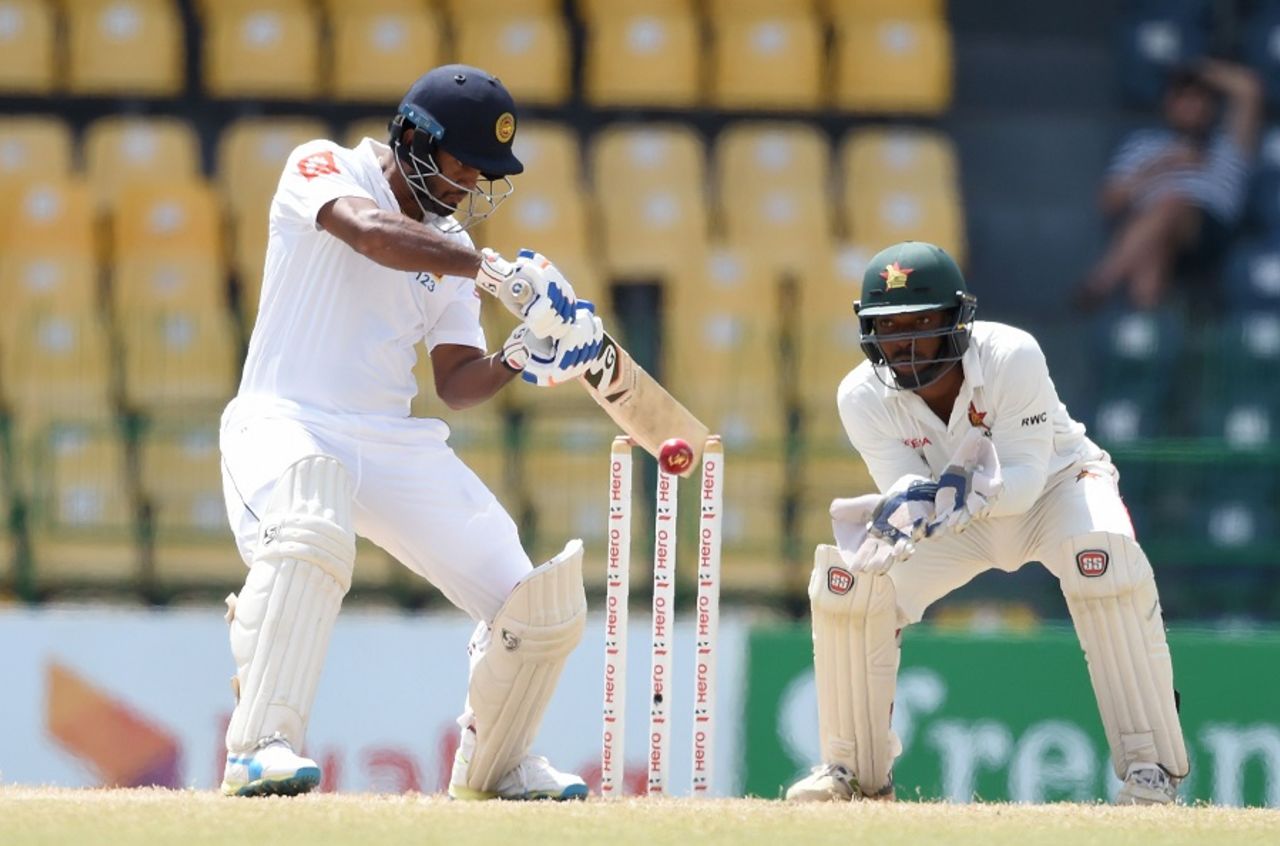 Dimuth Karunaratne makes room for a cut, Sri Lanka v Zimbabwe, only Test, 4th day, Colombo, July 17, 2017