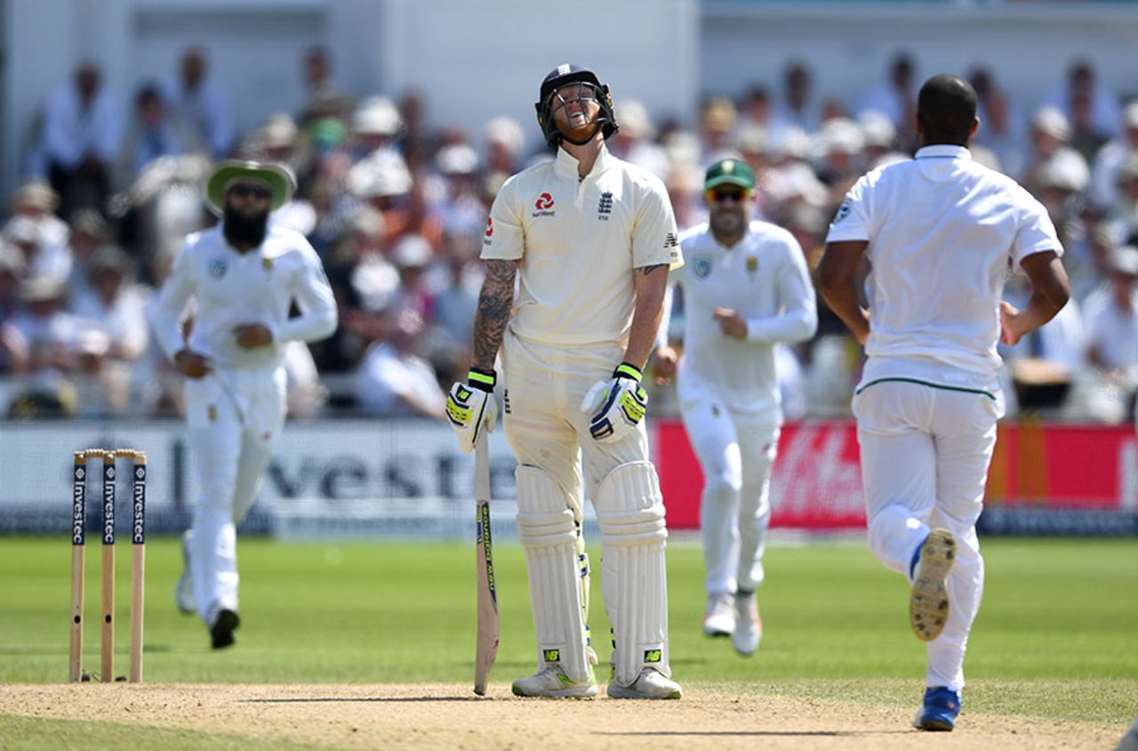 Ben Stokes couldn't believe it when he punched a return catch to Vernon Philander, England v South Africa, 2nd Investec Test, Trent Bridge, 4th day, July 17, 2017