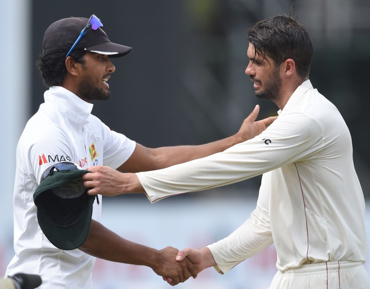 Dinesh Chandimal and Graeme Cremer shake hands after the match, Sri Lanka v Zimbabwe, only Test, 5th day, Colombo, July 18, 2017