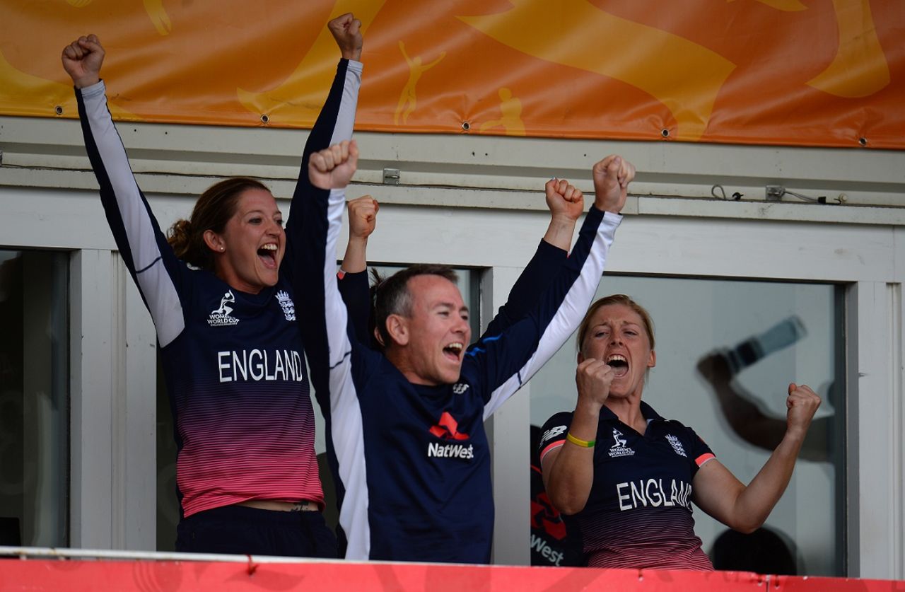 Sarah Taylor and Heather Knight celebrate victory, England v South Africa, Women's World Cup, Bristol, July 18, 2017