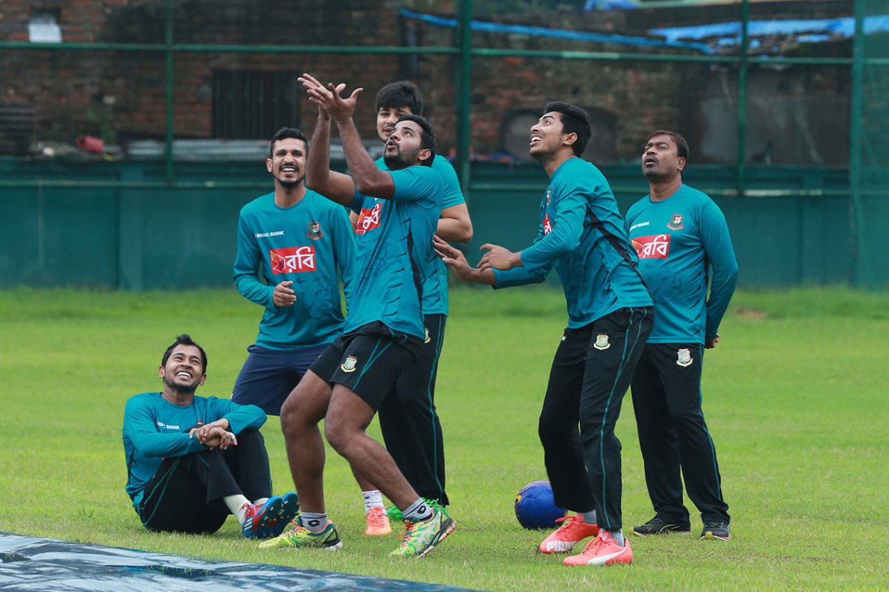 Bangladesh players share a light moment during their training session, Dhaka, July 20, 2017