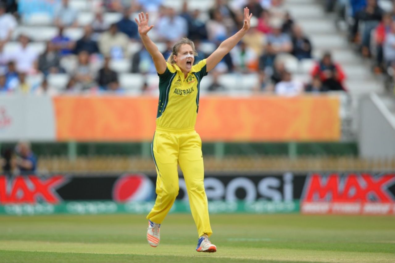 Ellyse Perry goes up in appeal, Australia v India, Women's World Cup, semi-final, Derby, July 20, 2017