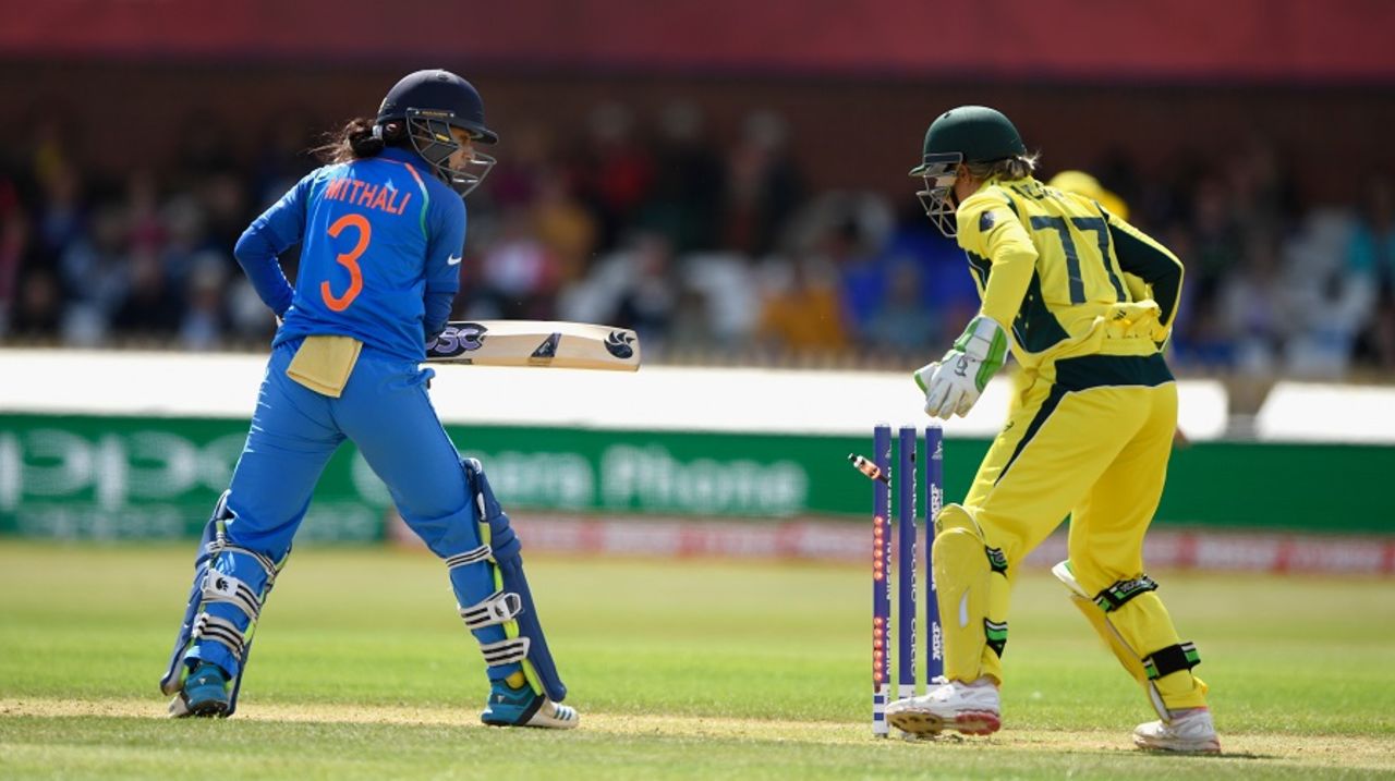 Mithali Raj was bowled by Kristen Beams for 36, Australia v India, Women's World Cup, semi-final, Derby, July 20, 2017