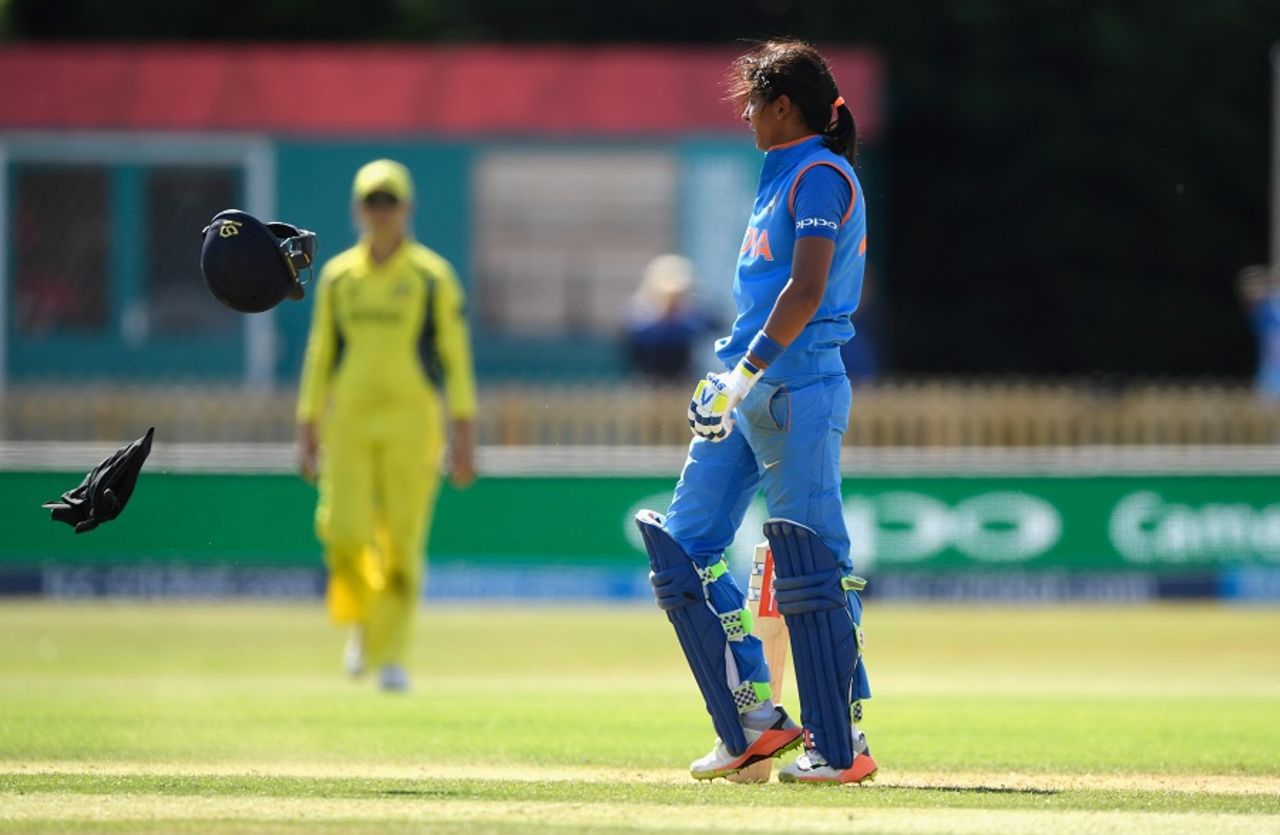 Harmanpreet Kaur flings her helmet off after reaching her hundred, Australia v India, Women's World Cup, semi-final, Derby, July 20, 2017