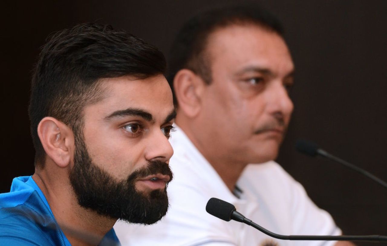 Virat Kohli and Ravi Shastri speak at a press conference, Colombo, July 20, 2017