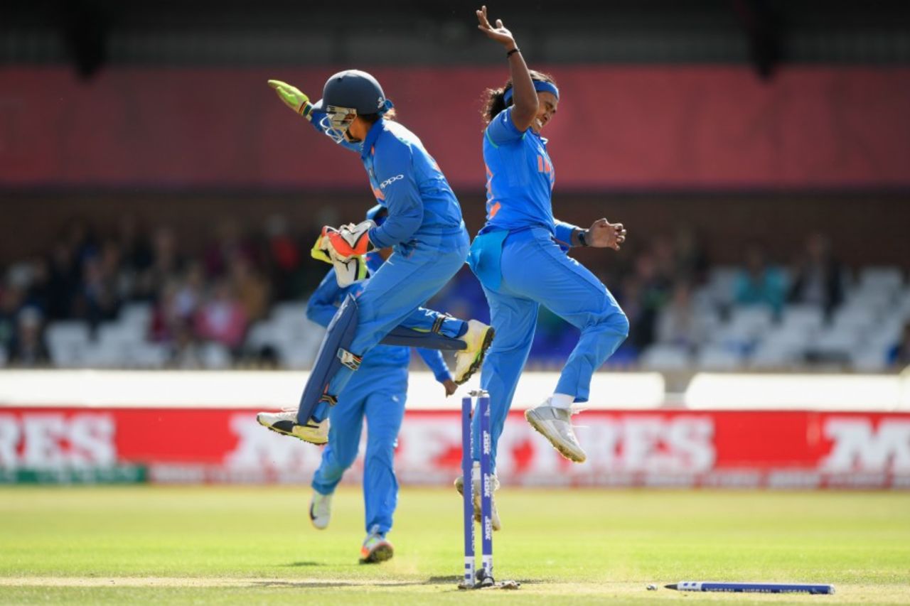 Shikha Pandey and Sushma Verma celebrate a wicket, Australia v India, Women's World Cup, semi-final, Derby, July 20, 2017