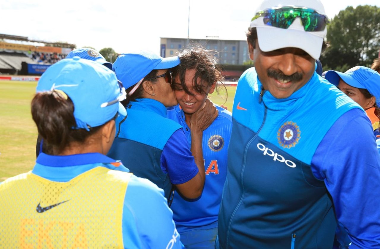 Harmanpreet Kaur is congratulated by her team-mates, Australia v India, Women's World Cup, semi-final, Derby, July 20, 2017