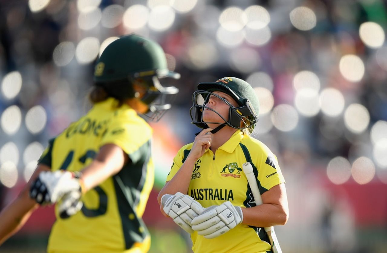 Alyssa Healy reacts after losing her wicket, Australia v India, Women's World Cup, semi-final, Derby, July 20, 2017