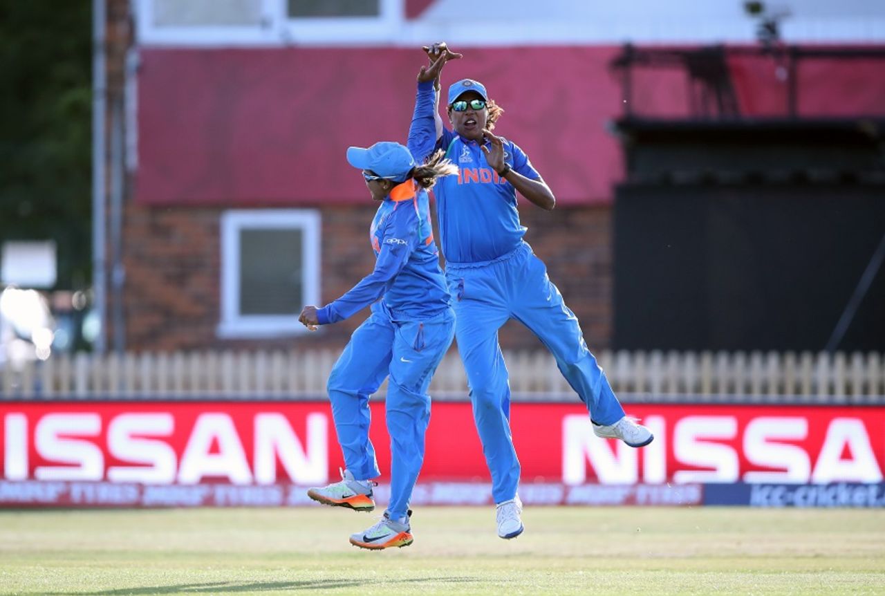Jhulan Goswami andd Veda Krishnamurthy celebrate an Australia wicket, Australia v India, Women's World Cup, semi-final, Derby, July 20, 2017