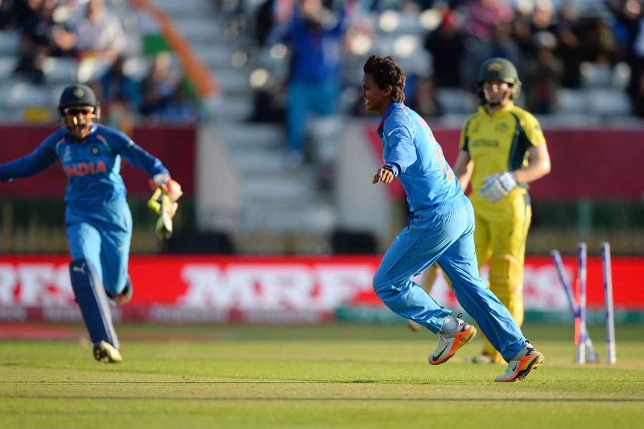 Deepti Sharma celebrates after India completed their win, Australia v India, Women's World Cup, semi-final, Derby, July 20, 2017