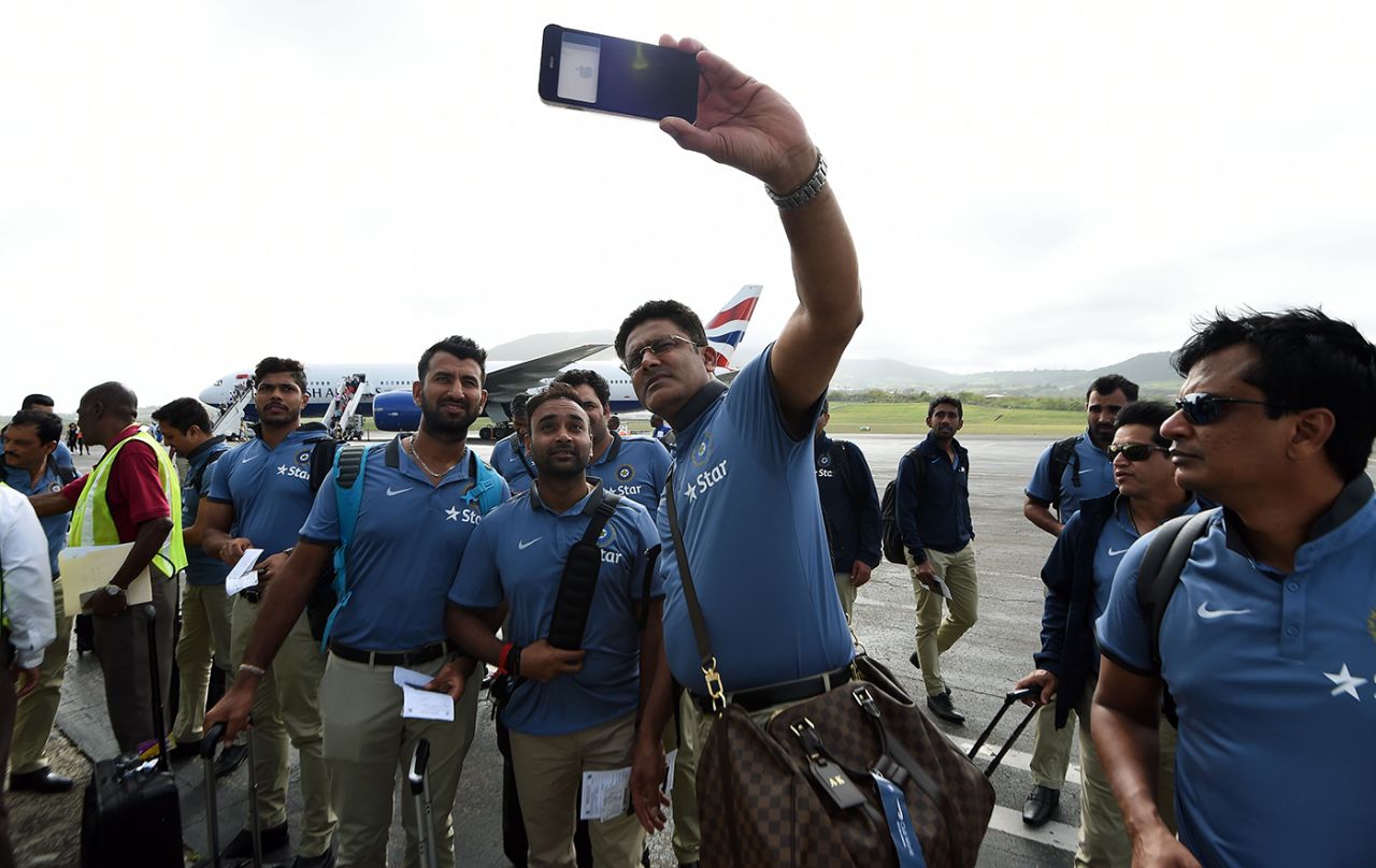 Anil Kumble takes a selfie with a few Indian players, St Kitts, July 6, 2016