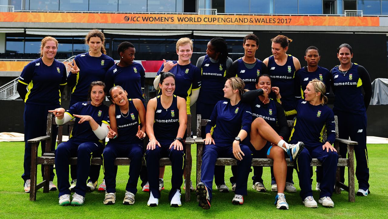 The South Africa women's players goof around during a photo shoot, ICC Women's World Cup, Bristol, July 17, 2017