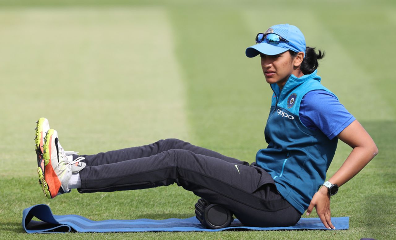 Smriti Mandhana goes through a stretching routine at training, England v India, Women's World Cup, Final, London, July 23, 2017