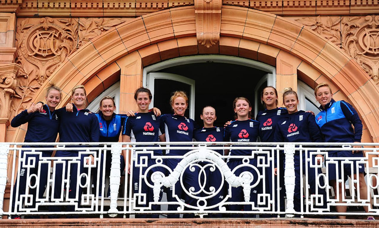 Members of the England team gather on the Lord's balcony, England v India, Women's World Cup, Final, London, July 23, 2017