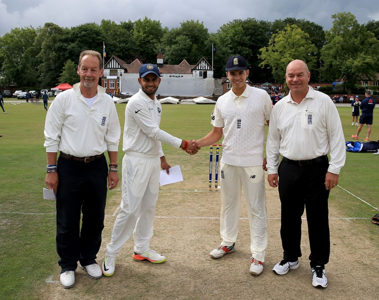 Himanshu Rana and Max Holden shake hands at the toss, England Under-19s v India Under-19s, 1st Youth Test, Chesterfield, July 23, 2017