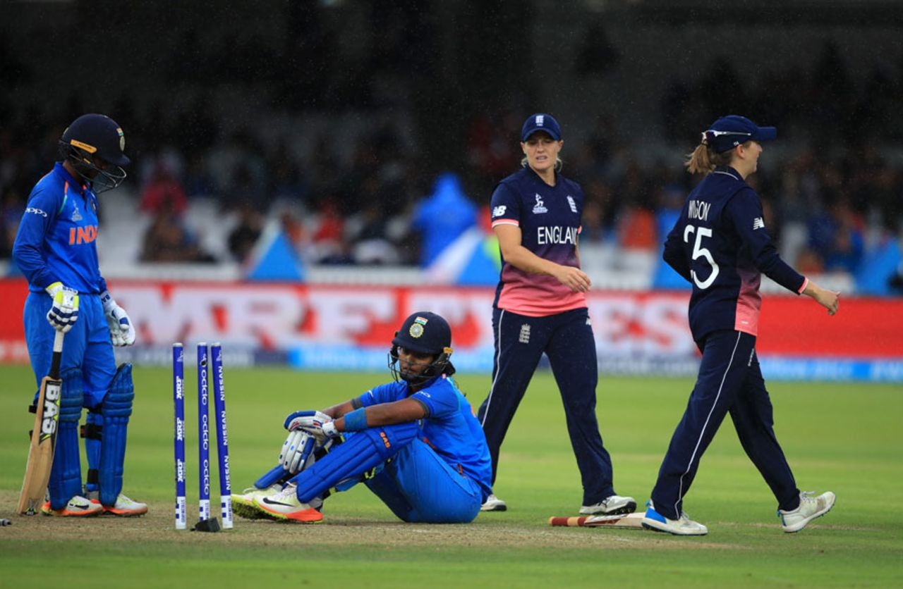 Shikha Pandey looks dejected after falling short of the crease, England v India, Women's World Cup final, Lord's, July 23, 2017
