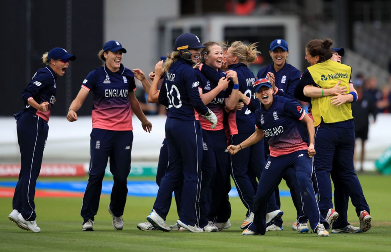 England celebrate after wrapping up the Indian innings, England v India, Women's World Cup final, Lord's, July 23, 2017