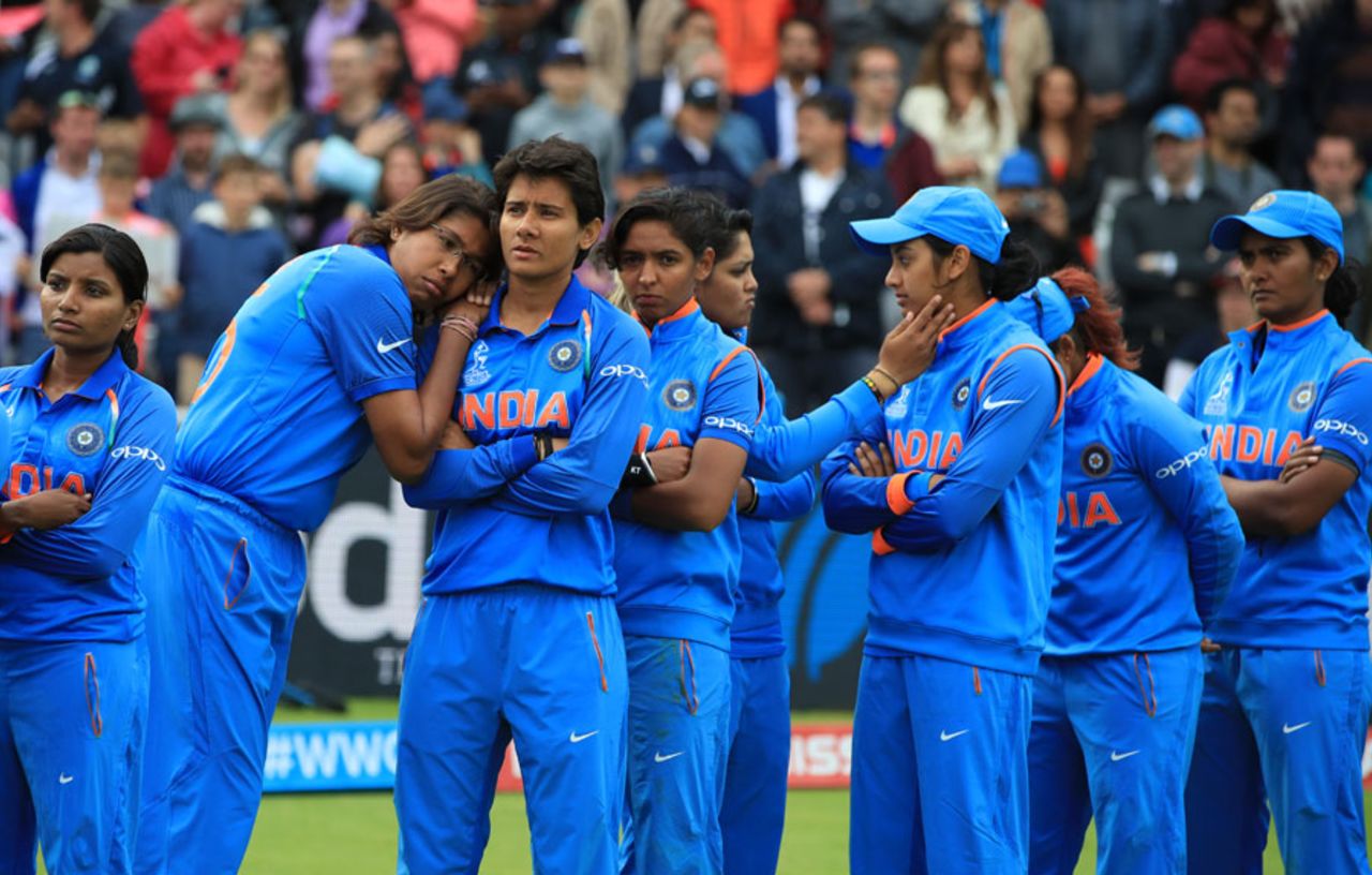 Indian players console each other after the loss, England v India, Women's World Cup final, Lord's, July 23, 2017