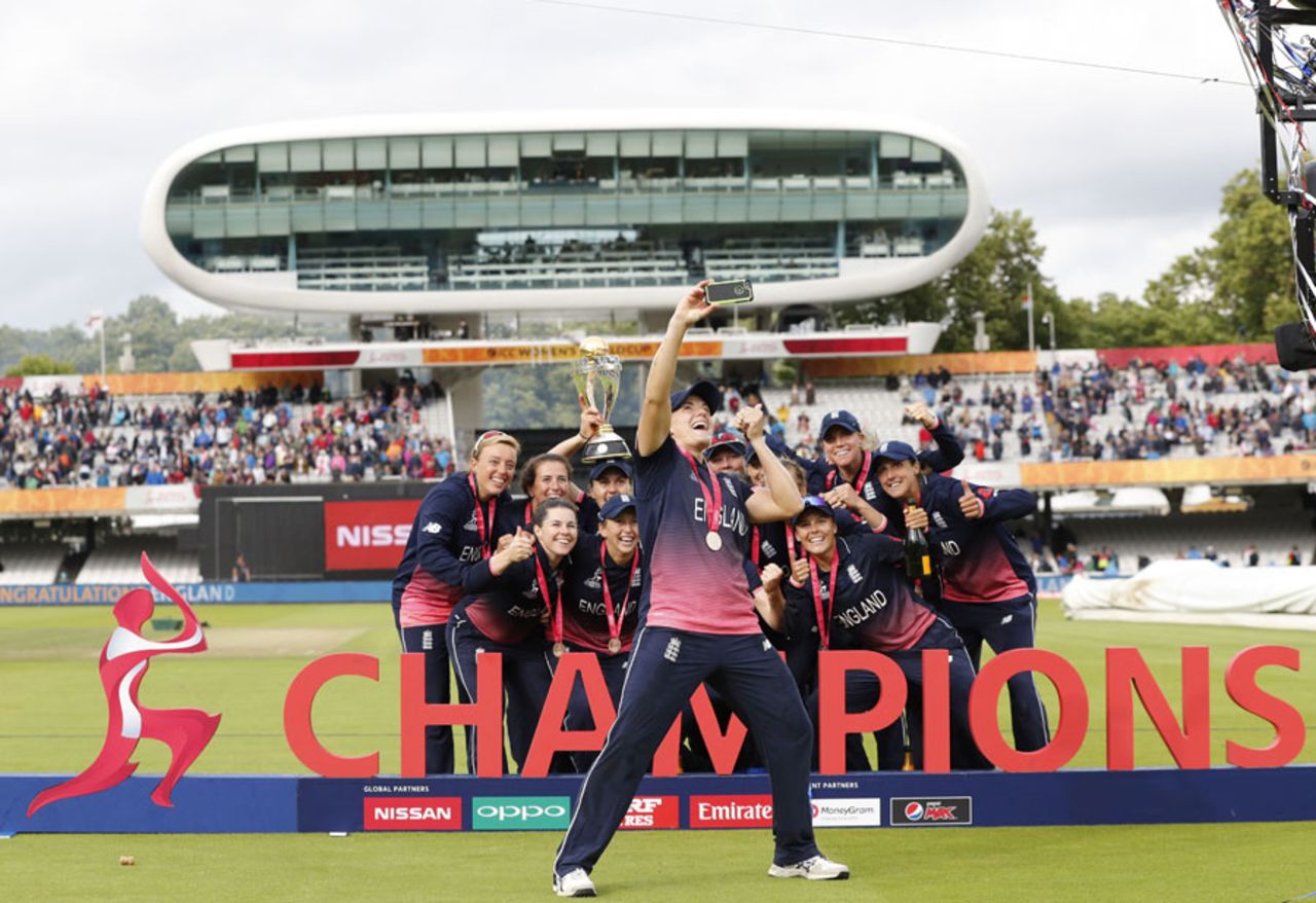 The English team poses for a selfie with their trophy, England v India, Women's World Cup final, Lord's, July 23, 2017