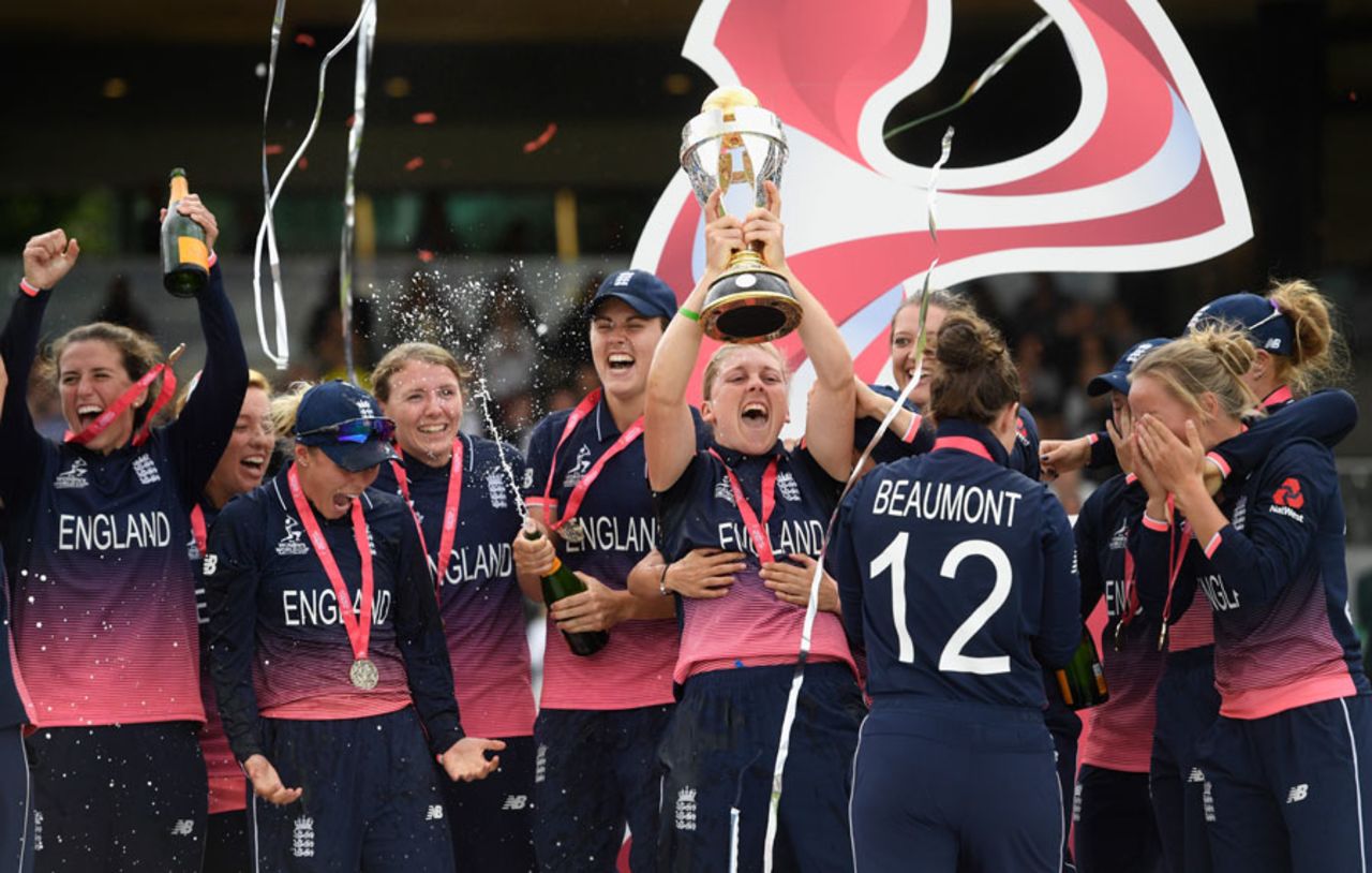 Champagne and confetti as England lift the World Cup, England v India, Women's World Cup final, Lord's, July 23, 2017