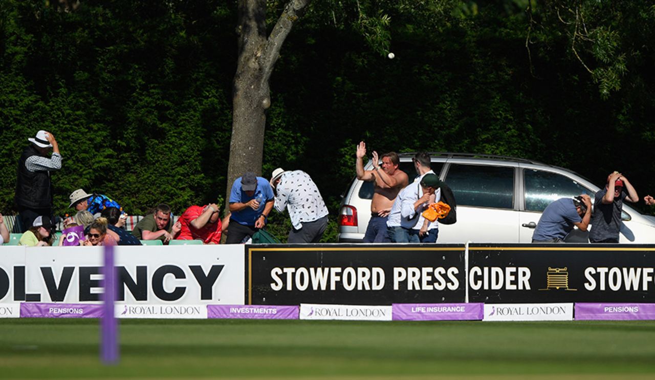 Ross Whiteley sends spectators ducking for cover as they lose to Surrey at New Road, Worcestershire v Surrey, Royal London Cup semi-final, New Road, June 17, 2017