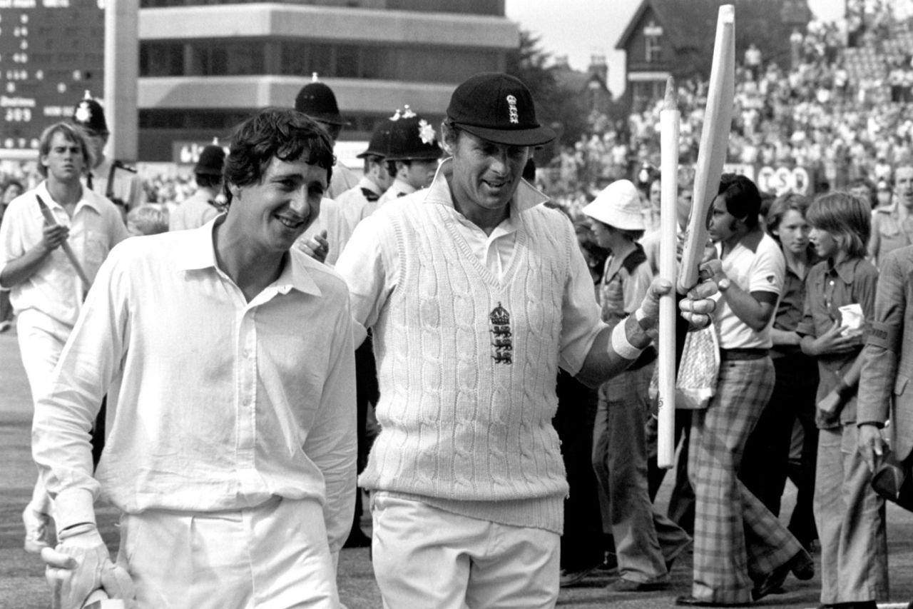 Derek Randall and Geoff Boycott walk off after wrapping up the win, England v Australia, 3rd Test, Trent Bridge, 5th day, August 2, 1977