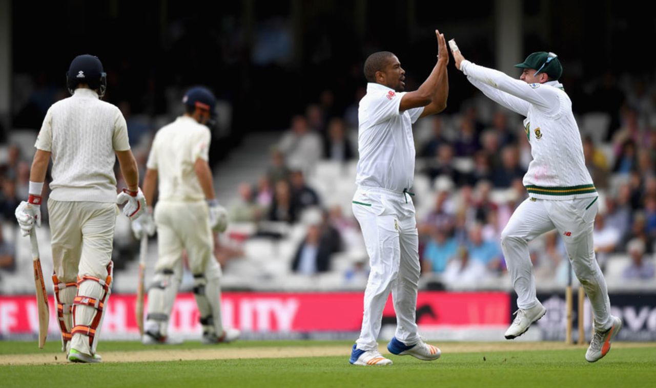Vernon Philander celebrates his dismissal of Joe Root, England v South Africa, 3rd Investec Test, The Oval, 1st day, July 27, 2017