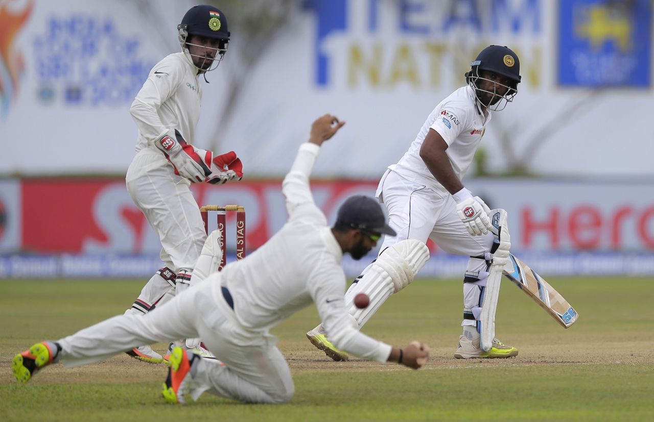 The ball skips past Ajinkya Rahane at first slip, Sri Lanka v India, 1st Test, Galle, 3rd day, July 28, 2017