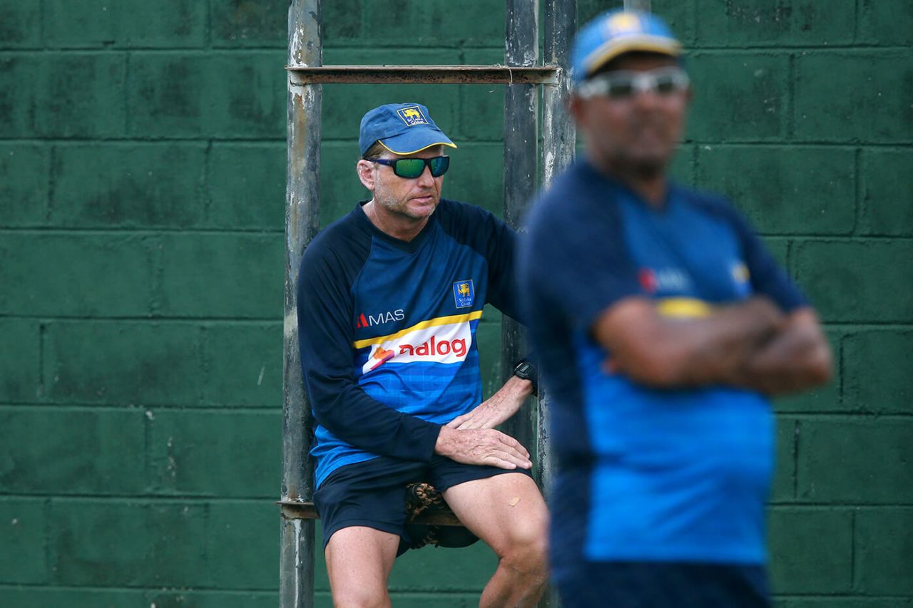 Coach Graham Ford and manager Asanka Gurusinha watch the training session, Colombo, March 14, 2017