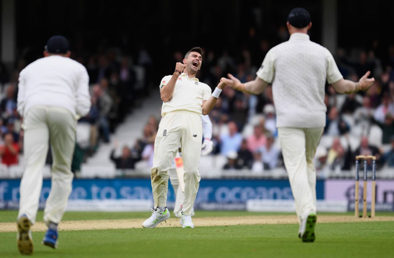 James Anderson roars in celebration after pinning Faf du Plessis lbw, England v South Africa, 3rd Investec Test, The Oval, 2nd day, July 28, 2017