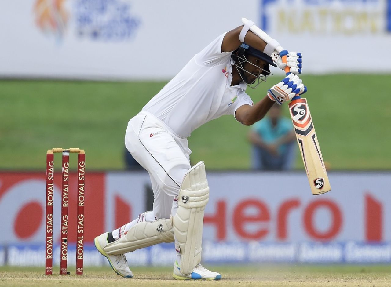 Dimuth Karunaratne drives with an angled bat, Sri Lanka v India, 1st Test, Galle, 4th day, July 29, 2017