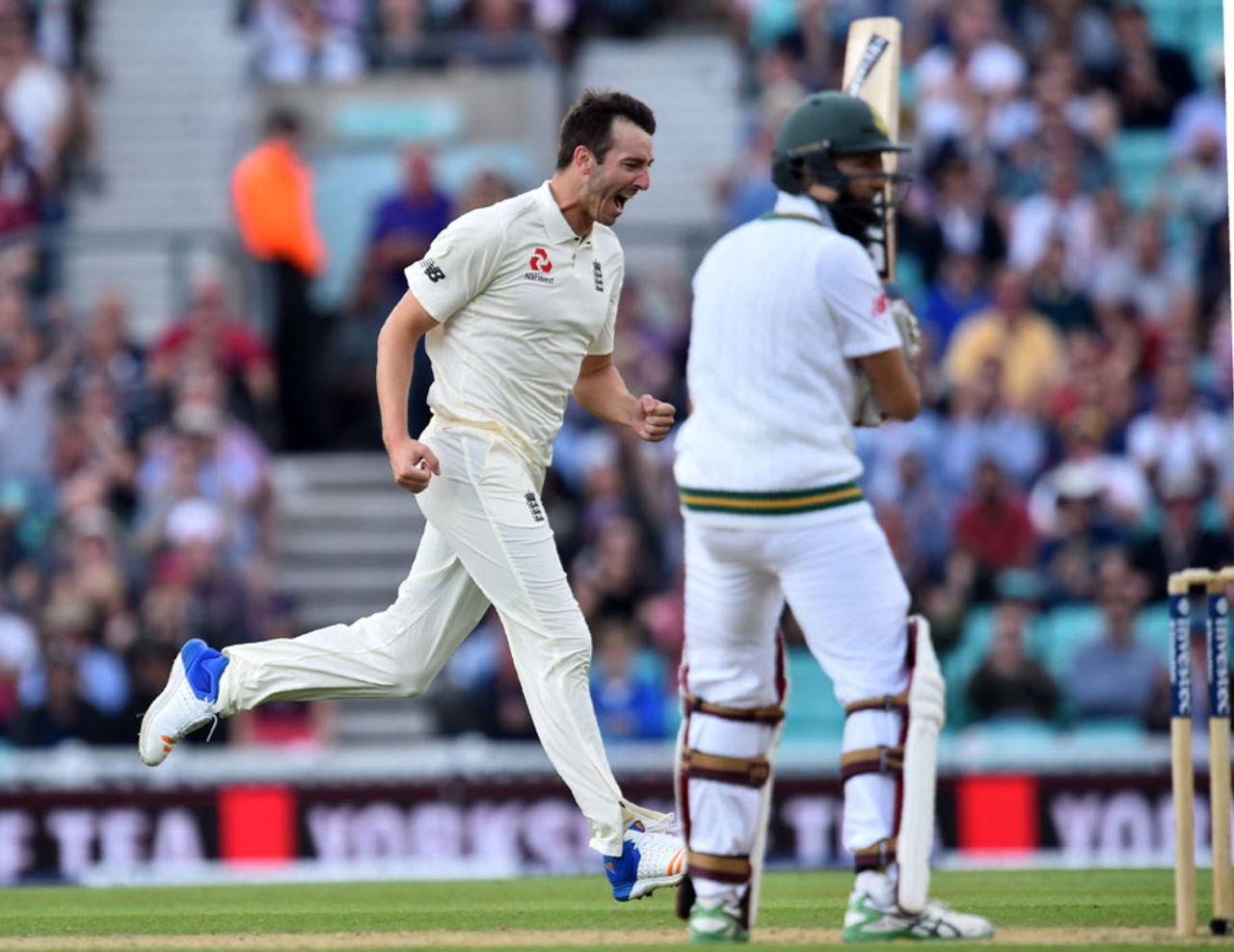 Toby Roland-Jones screams in delight after dismissing Hashim Amla for the second time on his Test debut, England v South Africa, 3rd Investec Test, The Oval, 4th day, July 30, 2017 