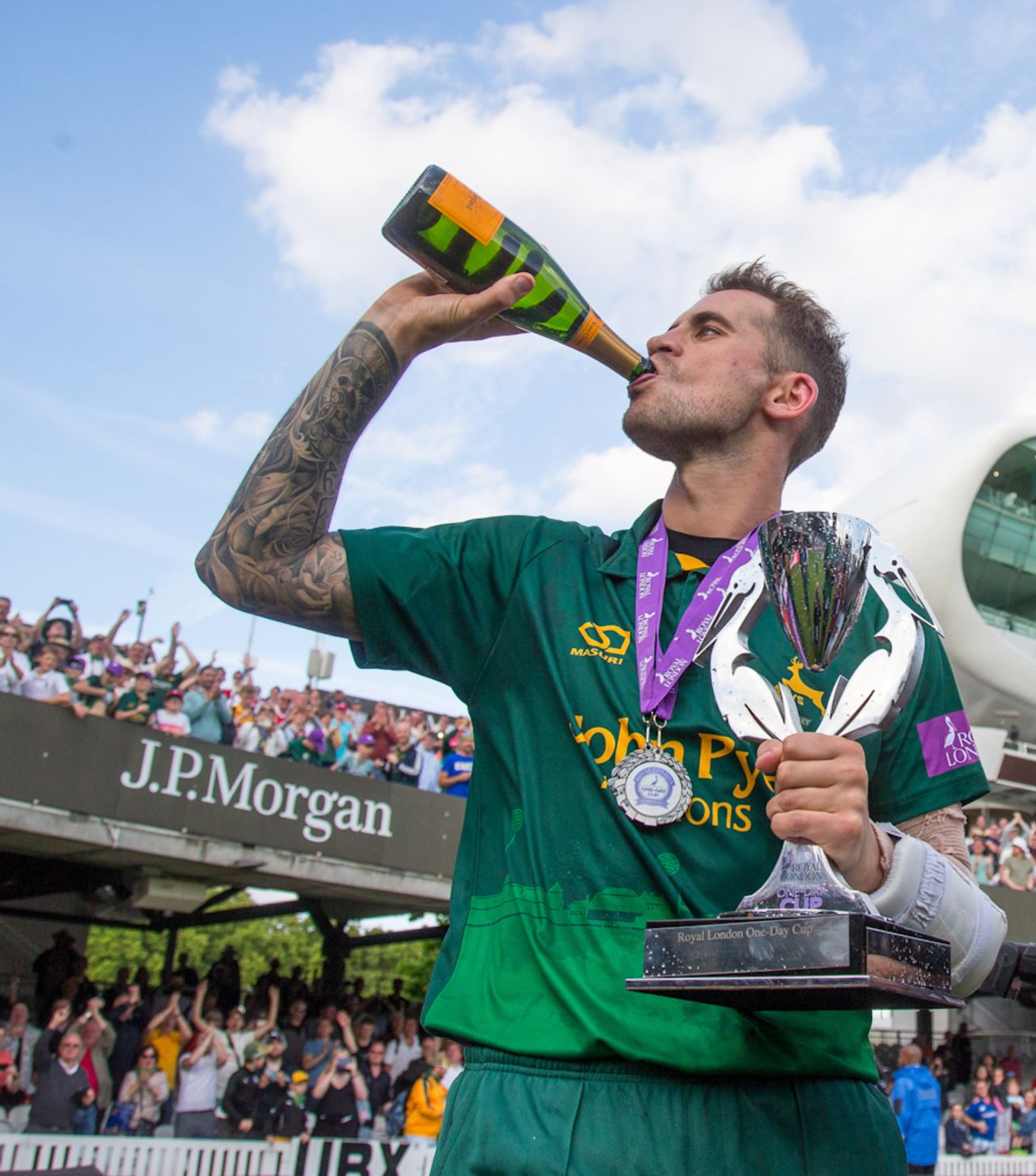 Alex Hales celebrates Nottinghamshire's win in the Royal London Cup final, Notts v Surrey, Royal London Cup final, Lord's, July 1, 2017 