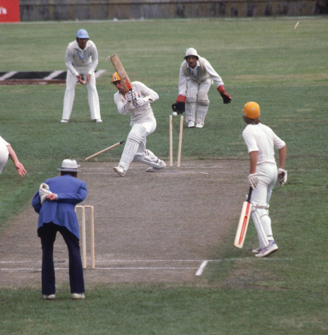 Ian Chappell is bowled by Garth Le Roux, Australia v Rest of the World, World Series Cricket Supertest, Melbourne, December 9, 1978 