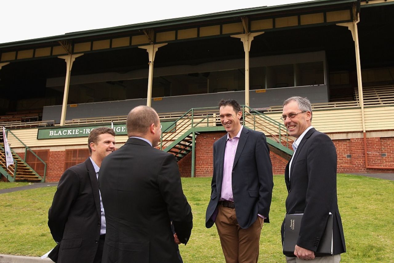 Tony Dodemaide (far right) with James Sutherland at the Junction Oval redevelopment announcement, Melbourne, August 25, 2013